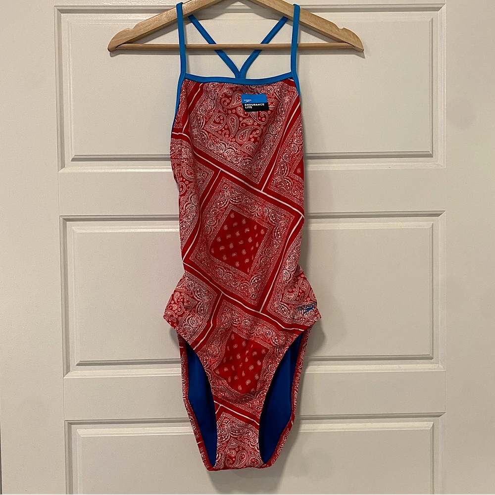Speedo Every Which Way Swimsuit One Piece 38 (Sz 12) Red white pattern